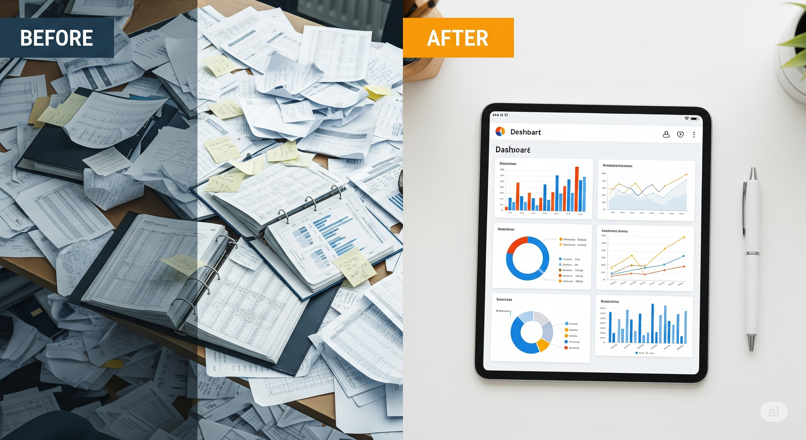 絡まったExcelシートと整理されたダッシュボードの対比