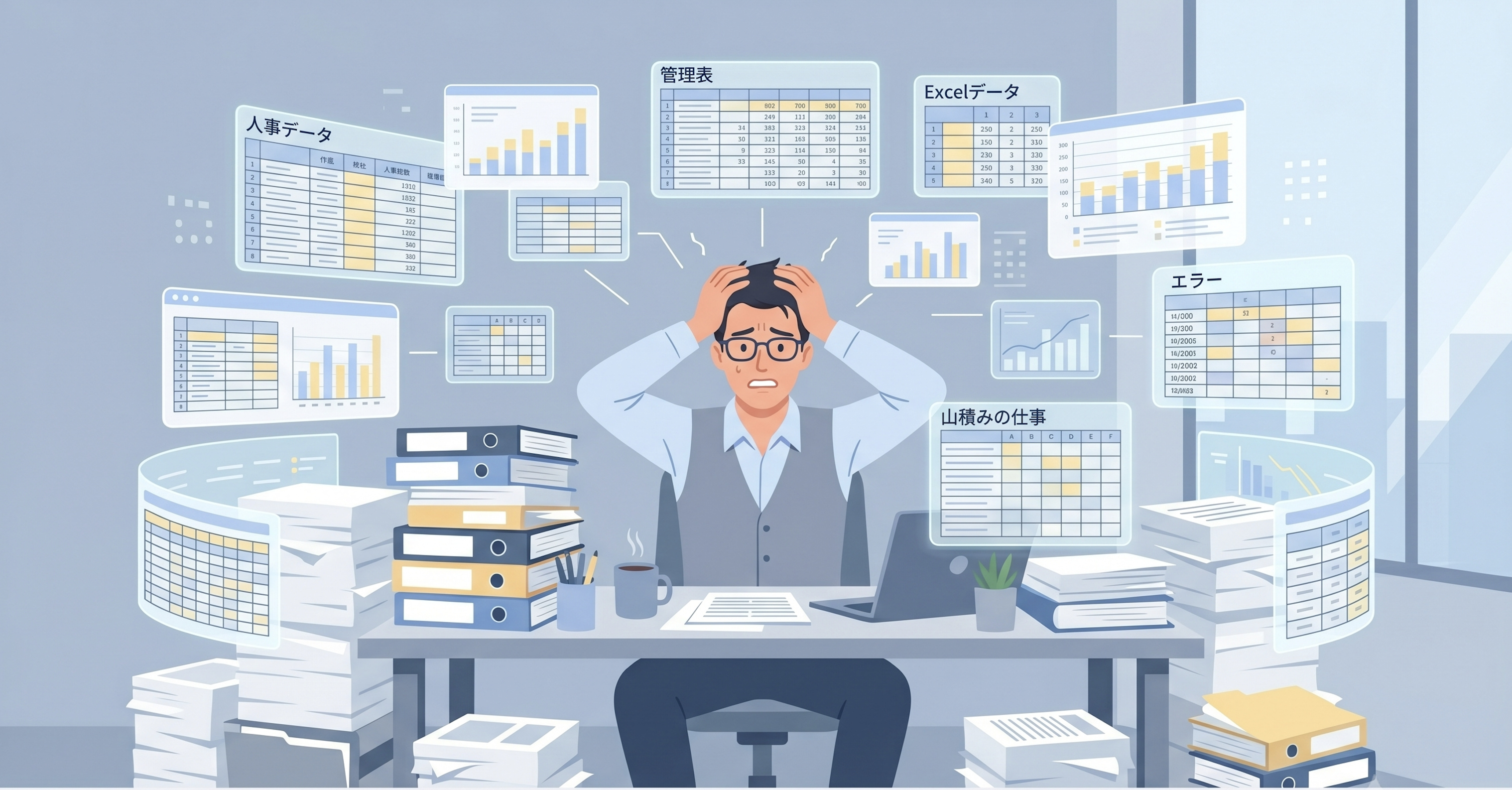 Excelでの管理に苦労する担当者のイメージ画像