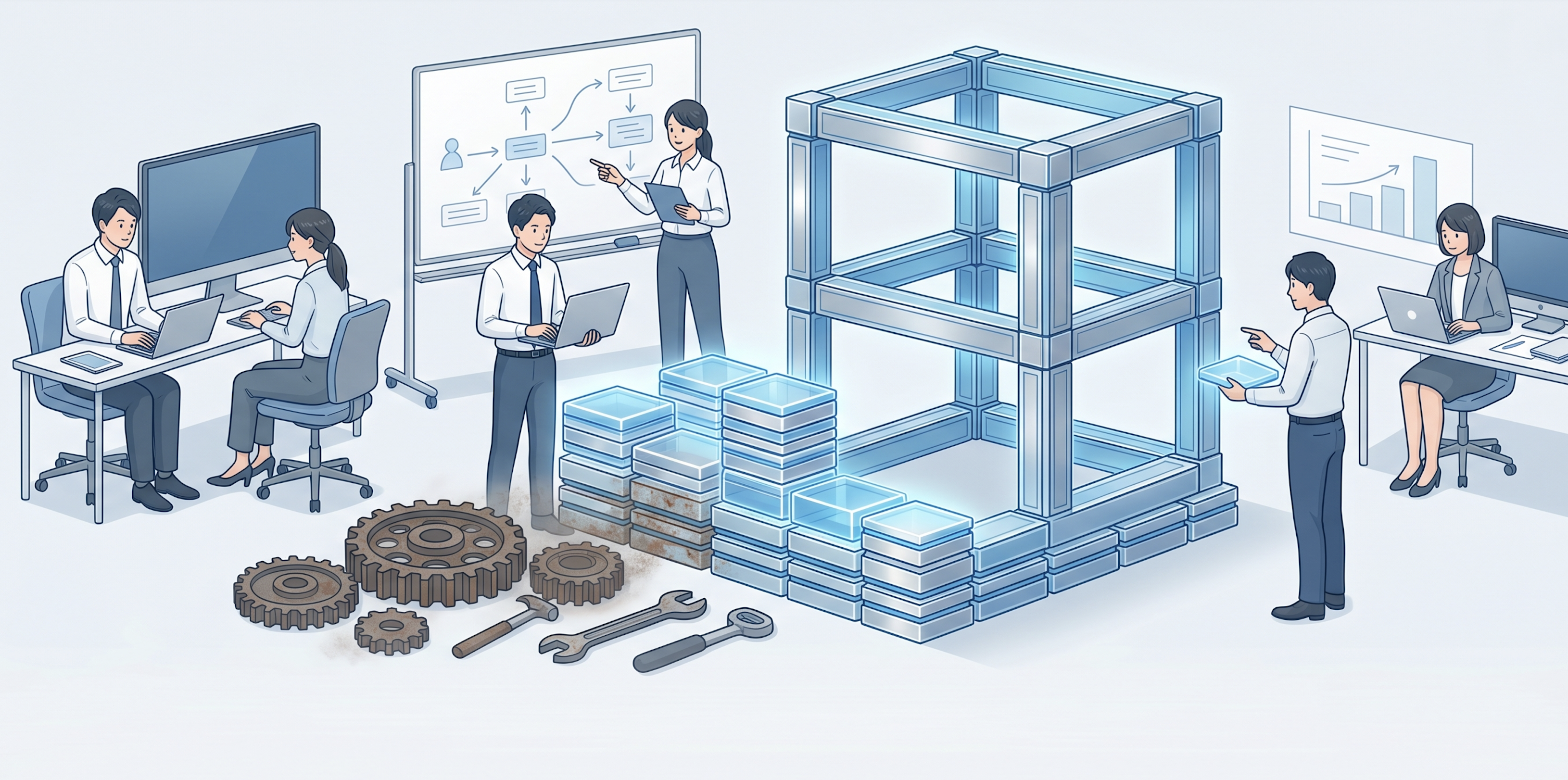 古い歯車が消え、代わりに光る半透明のタスクブロックが積み上げられ、強固な建築の基礎を形成している育成の概念図
