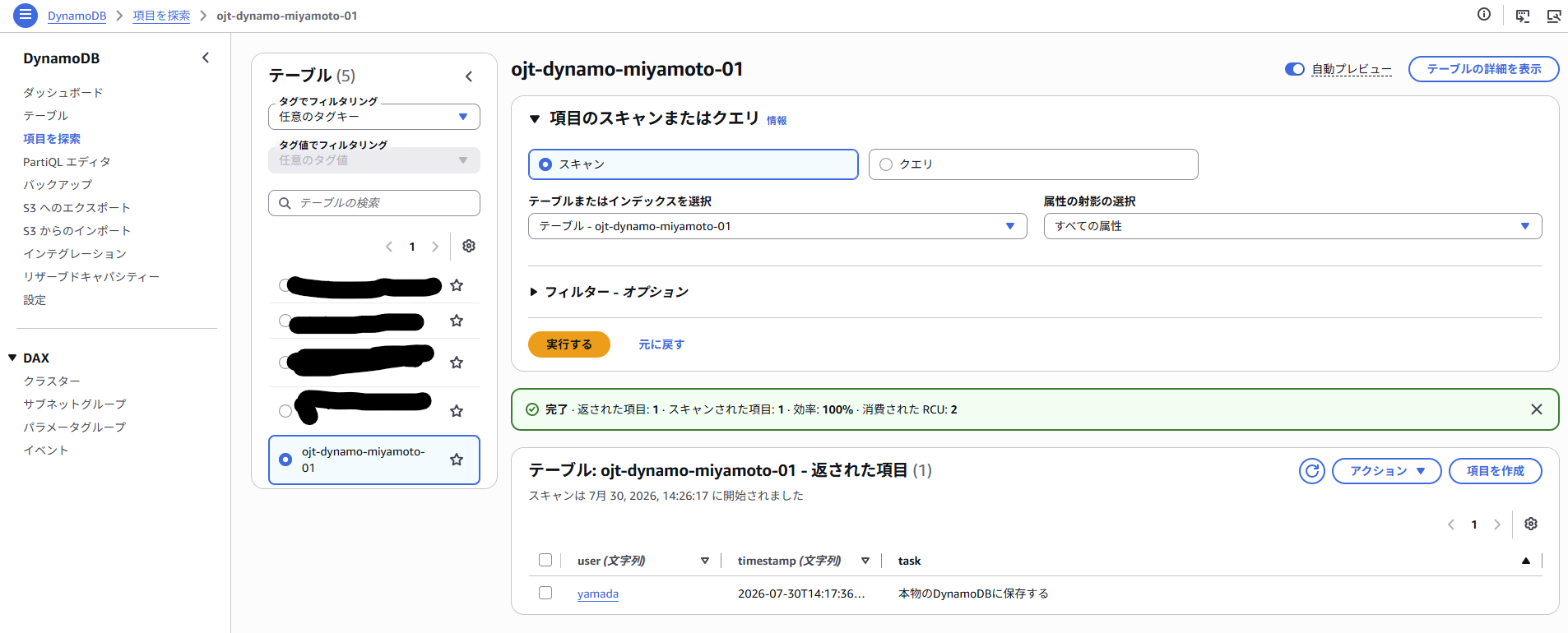 DynamoDB 項目確認